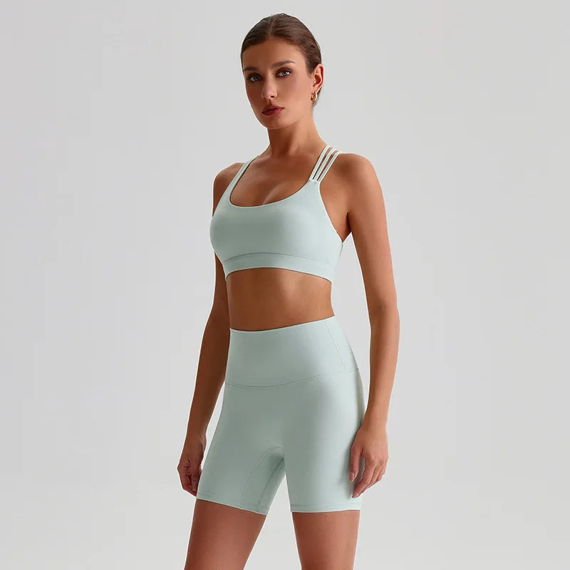 Solid Color High Impact Solid Gym Yoga Set Tight Legging Fitness Cross-back straps Bra Top 2pcs Soft Sport Suit  Women Sportwear