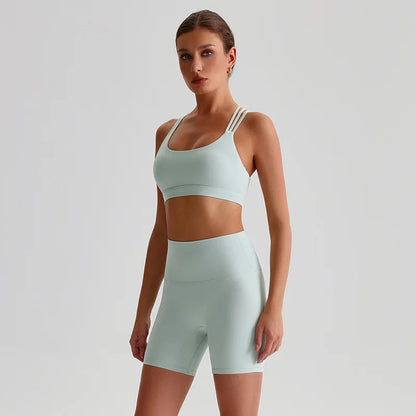 Solid Color High Impact Solid Gym Yoga Set Tight Legging Fitness Cross-back straps Bra Top 2pcs Soft Sport Suit  Women Sportwear