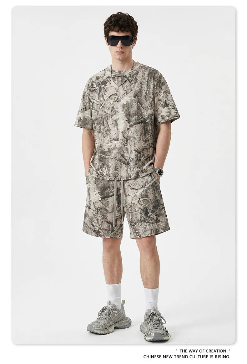 Custom LOGO men's summer camouflage splicing 240G quick-drying cotton polyester short-sleeved T-shirt loose sports shorts set