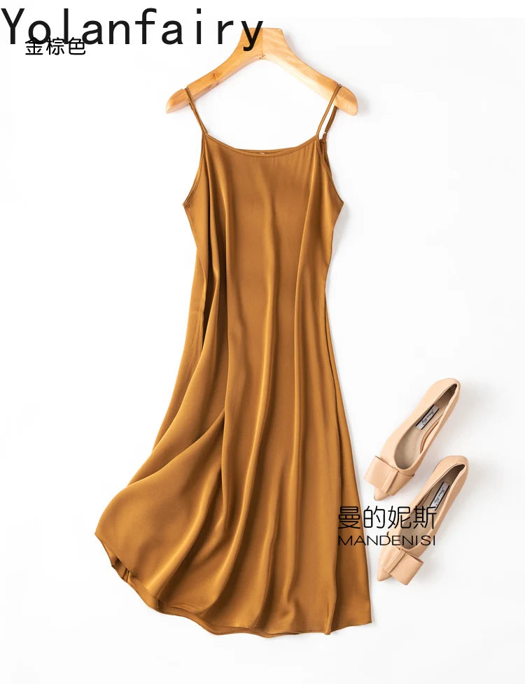 YOLANFAIRY 19momme 93% Mulberry Silk Spaghetti Strap Dress for Women Elegant Mid-length Sexy Real Silk Summer Dresses Woman 원피스