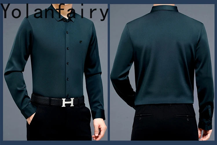 YOLANFAIRY 100% Mulberry Silk Long Sleeve Shirt Man Spring Autumn Casual Silk Mens Shirts Warm Male White Shirt chemises hommes