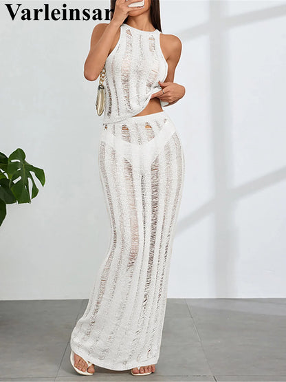 New Sleeveless Crochet Knitted 2 Pieces Suits Tunic Beach Cover Up Cover-ups Beach Dress Beach Wear Beachwear Female Women V6717