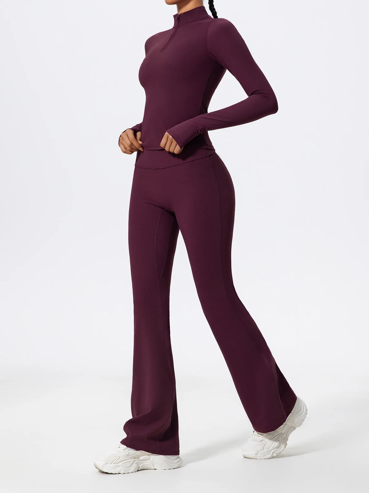 Hearuisavy Summer Half Zipper Yoga Suit Outdoor Workout Clothing Gym Set Women Flared Pants 2Pcs Sports Long Sleeves Shirt Suit