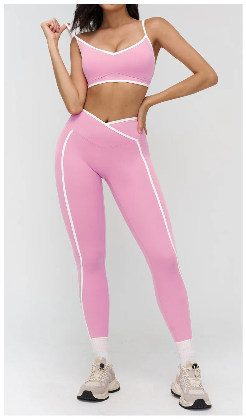 TRY TO BN Gym Set Sport Bra Women's Tracksuit Fitness Contrasting Color High Waist Leggings Two Pieces Suit Running Yoga Clothes