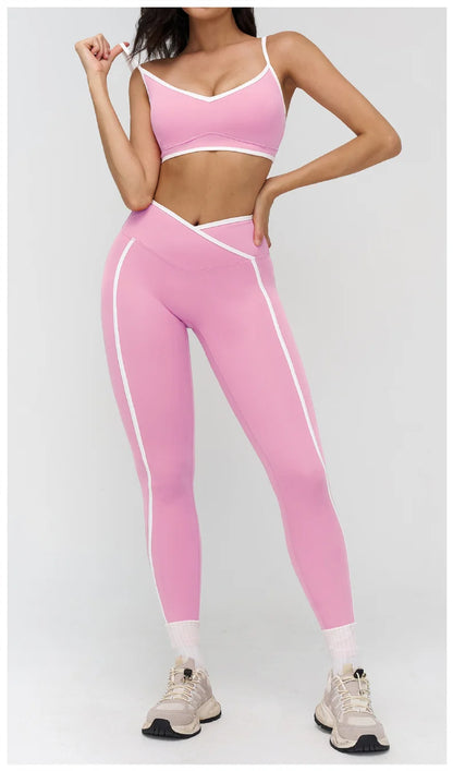 TRY TO BN Gym Set Sport Bra Women's Tracksuit Fitness Contrasting Color High Waist Leggings Two Pieces Suit Running Yoga Clothes