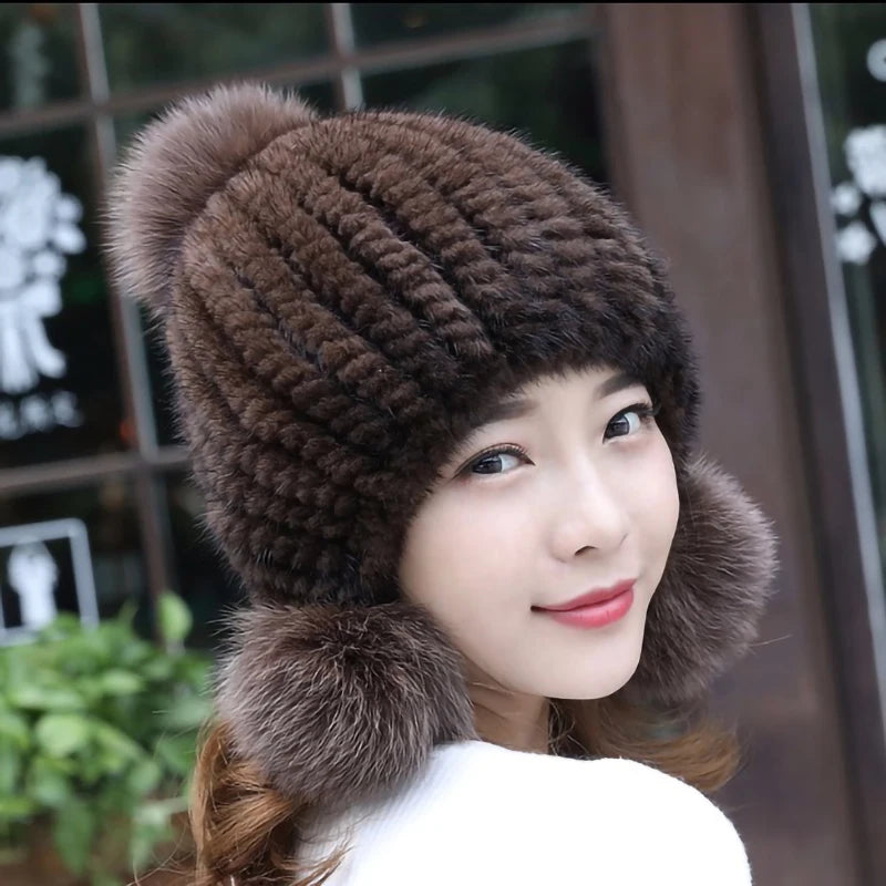 Fashion Women Real mink hat Winter warm mink fur knit hats Women fox fur ball cap