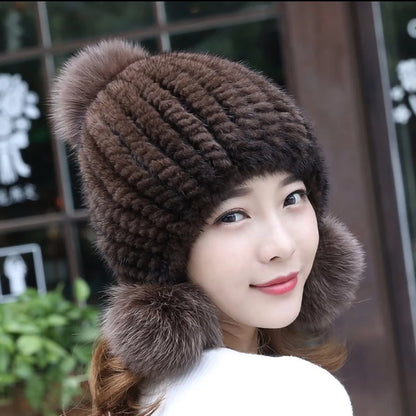 Fashion Women Real mink hat Winter warm mink fur knit hats Women fox fur ball cap