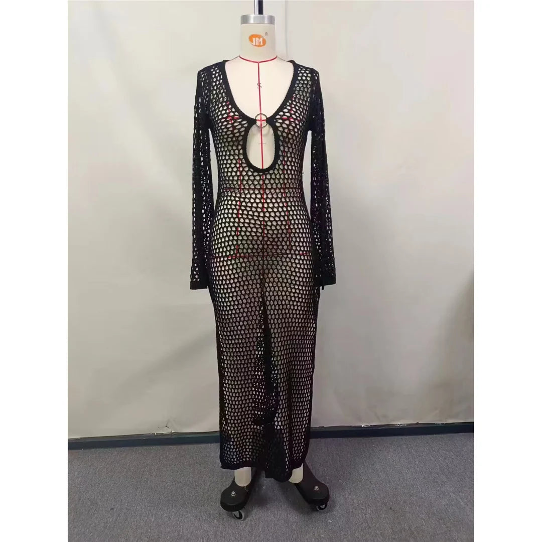 Sexy Hollow Out Long Sleeve Crochet Knitted Tunic Beach Dress Beach Wear Beachwear Beach Cover Up Cover-upsFemale Women V5567
