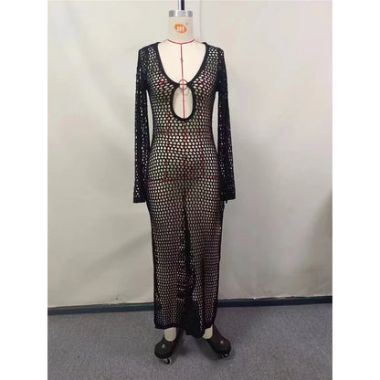 Sexy Hollow Out Long Sleeve Crochet Knitted Tunic Beach Dress Beach Wear Beachwear Beach Cover Up Cover-upsFemale Women V5567
