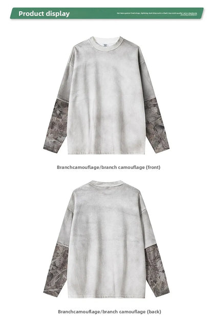 Custom LOGO Men's 2025 Autumn New 340G fleece-lined Fake Two-piece Camouflage Sweater T-Shirt Casual Pants Set