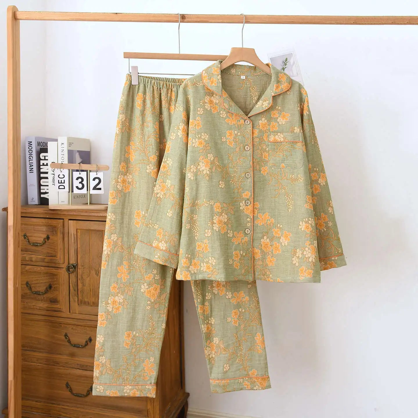 2026 new spring and summer women's pajamas suit long-sleeved trousers two-piece 100% cotton crepe flower leaves home clothes