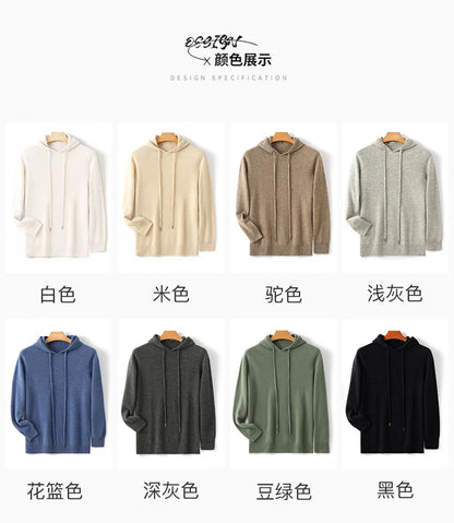 Men's 100% Merino Wool Sweater Hooded Collar Knitted Pullover Cashmere Sweatshirt Autumn Winter Casual Large Tops Long Sleeved