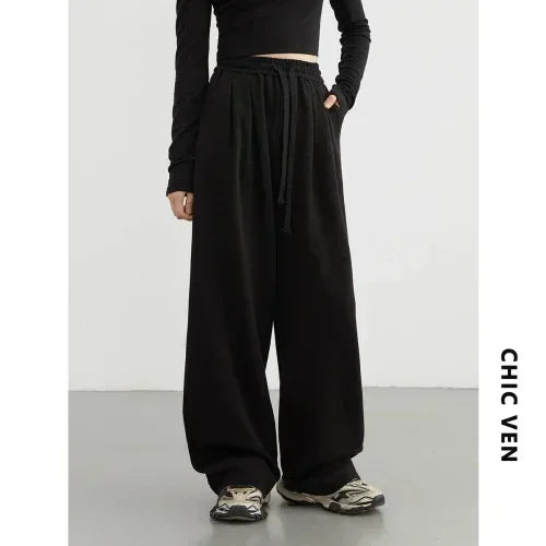 CHIC VEN Women's Pant Streetwear Solid Loose New Drawstring Sports Casual Trousers High Waisted Pants Autumn Winter 2025