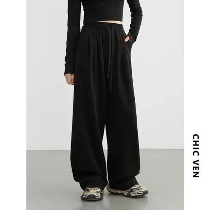 CHIC VEN Women's Pant Streetwear Solid Loose New Drawstring Sports Casual Trousers High Waisted Pants Autumn Winter 2025