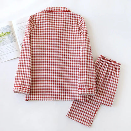 2026 Spring/Summer Couple Pajama Set 100% Cotton Double Layer Gauze Men's and Women's Japanese Plaid Set Long sleeved Home Fury