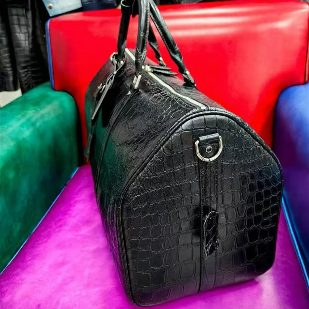 Authentic exotic crocodile belly leather men's large travel handbag real crocodile leather men's fashion luxury shoulder bag