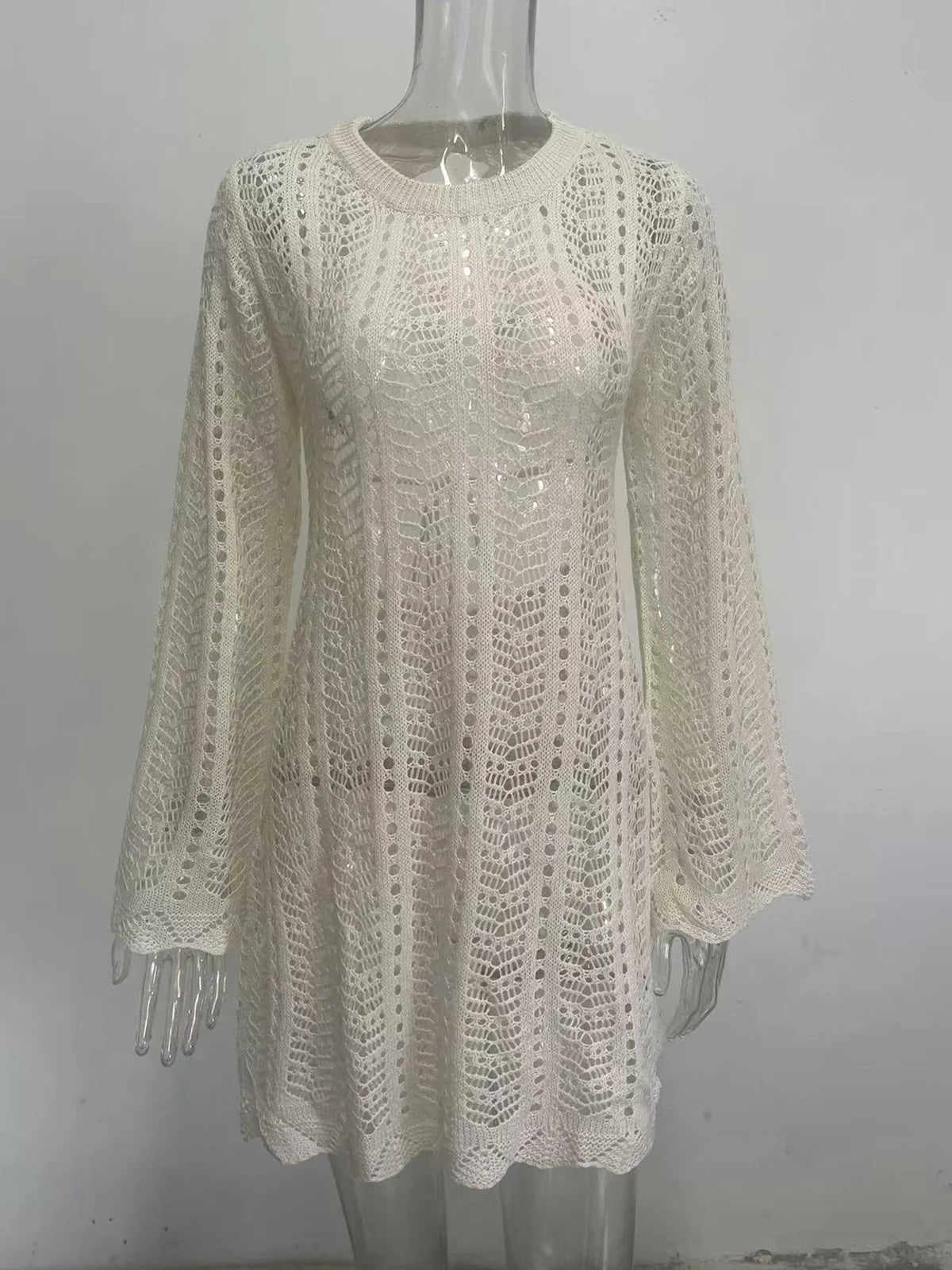 4 Colors Long Sleeve Backless Crochet Knitted Tunic Beach Cover Up Cover-ups Beach Dress Beach Wear Beachwear Female Women V5692