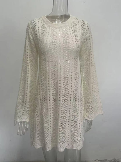 4 Colors Long Sleeve Backless Crochet Knitted Tunic Beach Cover Up Cover-ups Beach Dress Beach Wear Beachwear Female Women V5692
