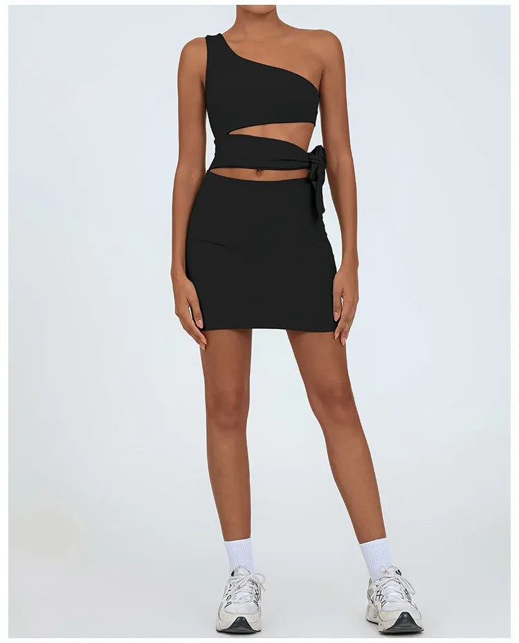 Tennis Dress Women Golf One Shoulder Hollow Out Bandage Slim Fit Fitness Tennis Short Skrit Badminton Dress One-Pieces Yoga Set