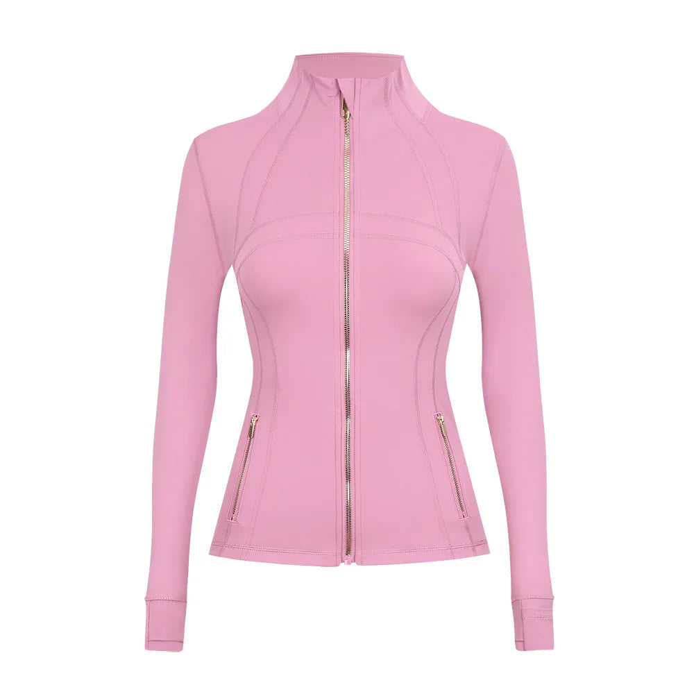 Personalized LOGO custom women's gold zip jacket tight stand-up collar quick-drying fitness running yoga suit 41-color S-3XL top