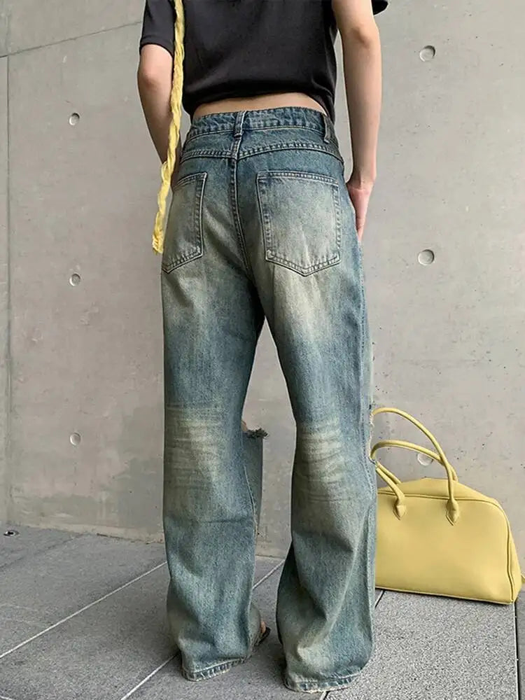 DEAT Fashion Destroyed Straight Leg Jeans Women's High Waist Light Blue Wide Leg Denim Pants Summer New 7A4549