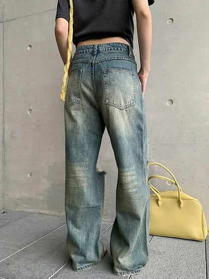 DEAT Fashion Destroyed Straight Leg Jeans Women's High Waist Light Blue Wide Leg Denim Pants Summer New 7A4549
