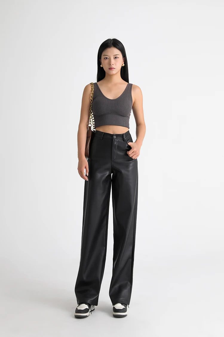BIVIGAOS Fall Winter Fleece Loose Wide Leg Warm Leather Pants Women Button Pocket High Waist Thick PU Casual Straight Pants