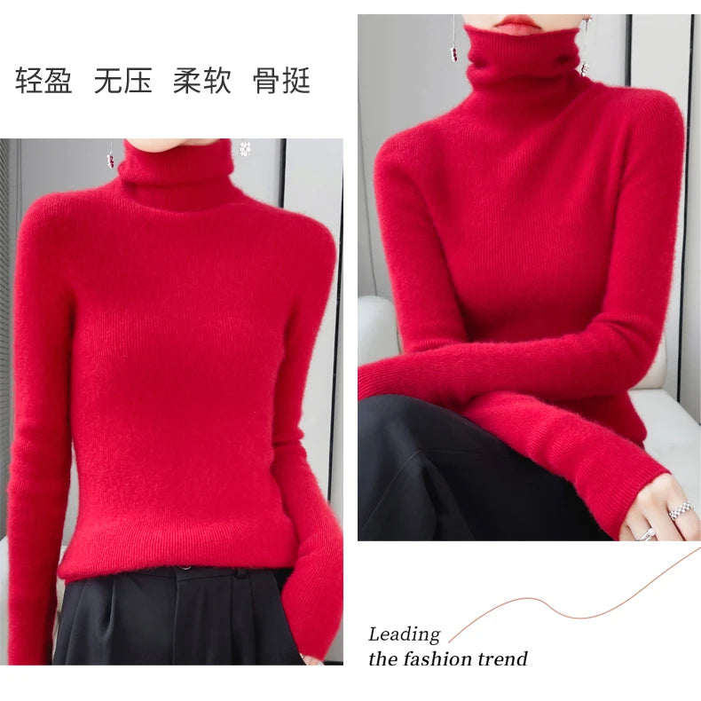 100% Merino Wool Long-sleeved Turtleneck Pullover Women's Autumn Winter Slim Sweater Basic Women's Clothes Cashmere Sweater