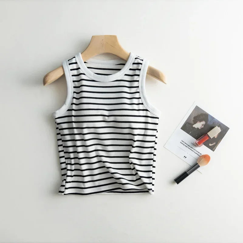 2026 Summer New Women's Tank Top Pajamas All Cotton with Chest Pads Tank Top with Stripe Sports Bottom Short Home Fur Ladies