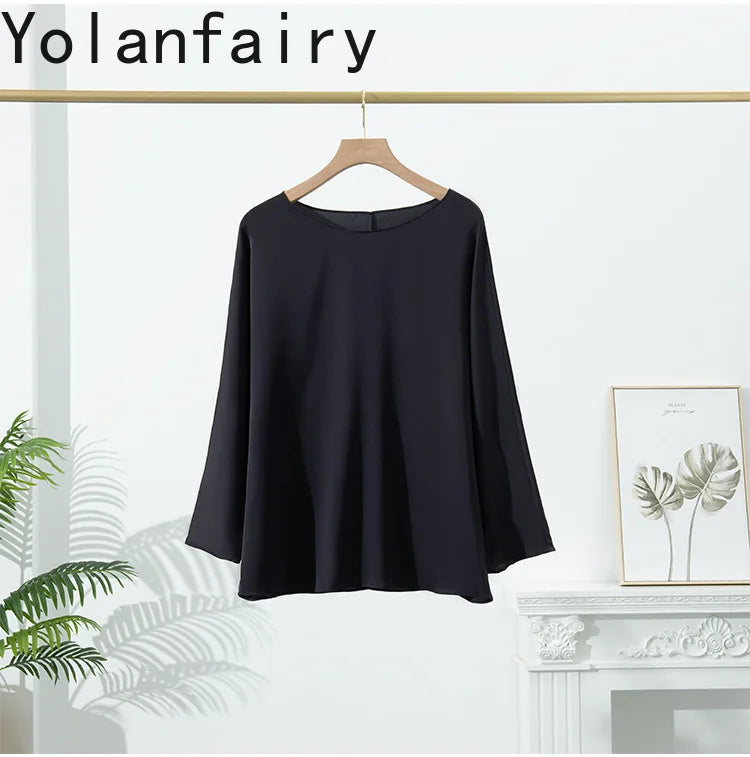 YOLANFAIRY 23MM 93% Real Mulberry Silk T Shirts for Women Summer O-neck Blouse Woman Elegant Shirt Loose OL Tops and Blouses