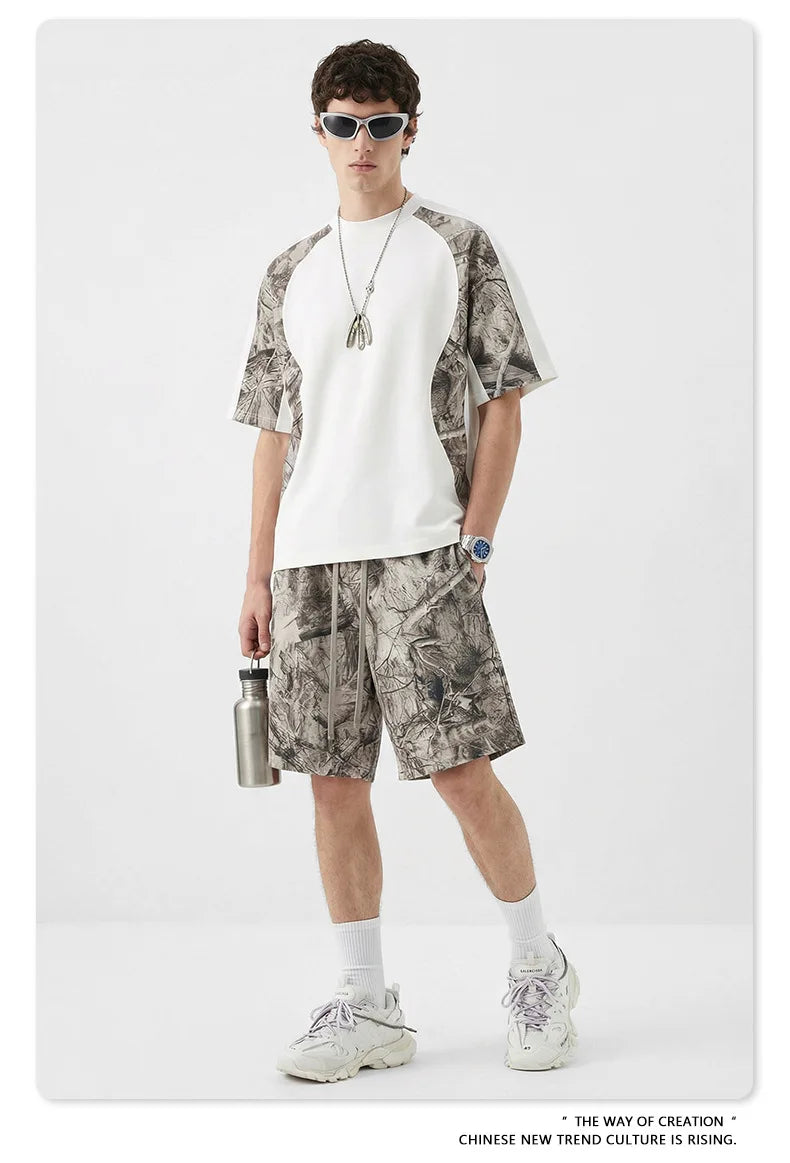 Custom LOGO men's summer camouflage splicing 240G quick-drying cotton polyester short-sleeved T-shirt loose sports shorts set