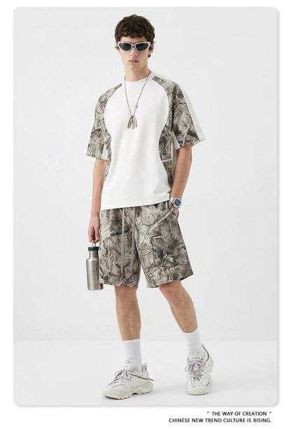 Custom LOGO men's summer camouflage splicing 240G quick-drying cotton polyester short-sleeved T-shirt loose sports shorts set
