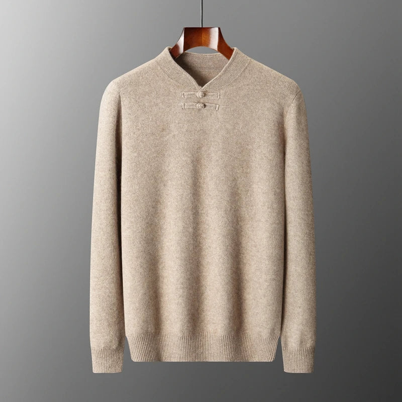 New Chinese Style Men's Pullover 100% Pure Wool Knit Sweater Autumn Winter Retro Stand Collar Long Sleeve Fashion Cashmere Tops
