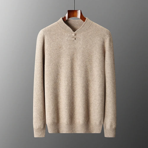 New Chinese Style Men's Pullover 100% Pure Wool Knit Sweater Autumn Winter Retro Stand Collar Long Sleeve Fashion Cashmere Tops