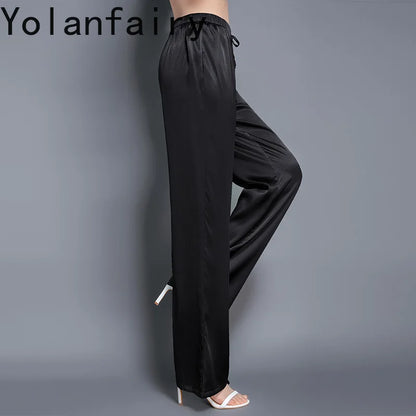 YOLANFAIRY Casual Wide Leg Pants Summer 95% Real Mulberry Silk Women's Pants Korean Loose Trousers Woman Silk Pants Full Length