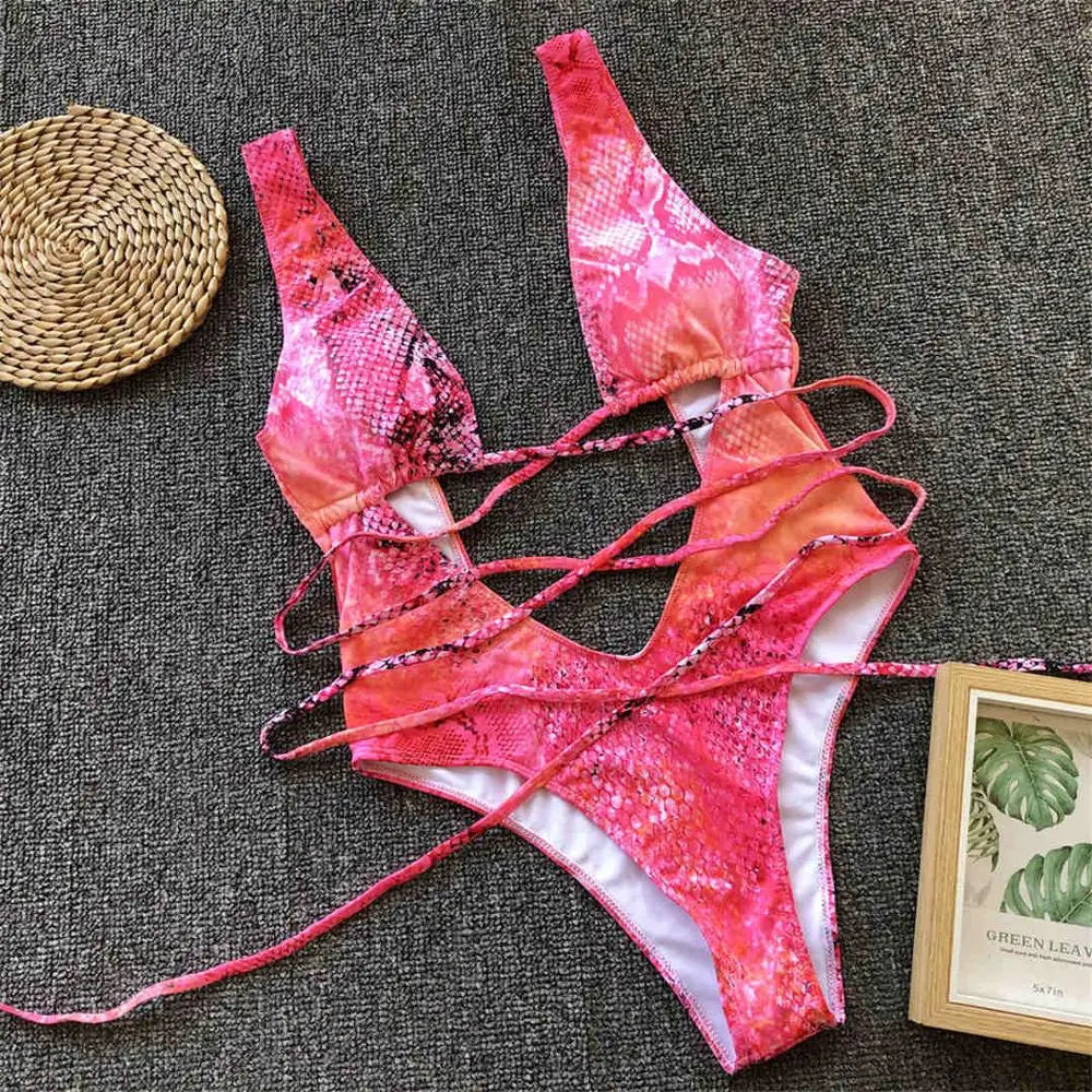 Sexy Bandage Wrap Around Tummy Cut Out Deep V Monokini One Piece Swimsuit Women Swimwear Female Bather Bathing Suit Swim V1037