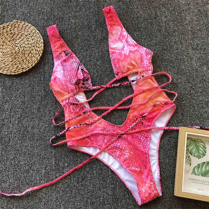 Sexy Bandage Wrap Around Tummy Cut Out Deep V Monokini One Piece Swimsuit Women Swimwear Female Bather Bathing Suit Swim V1037