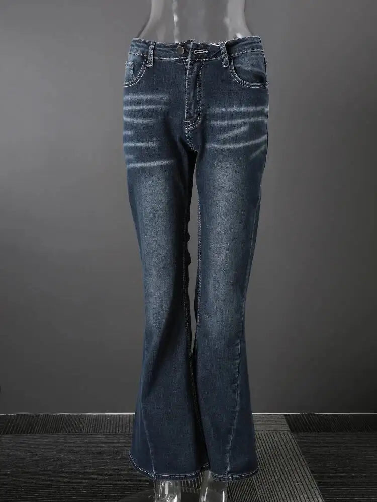 DEAT Fashion Flared Denim Jeans Women's Mid Rise Whiskered Wash Dark Blue Bootcut Jeans Summer New