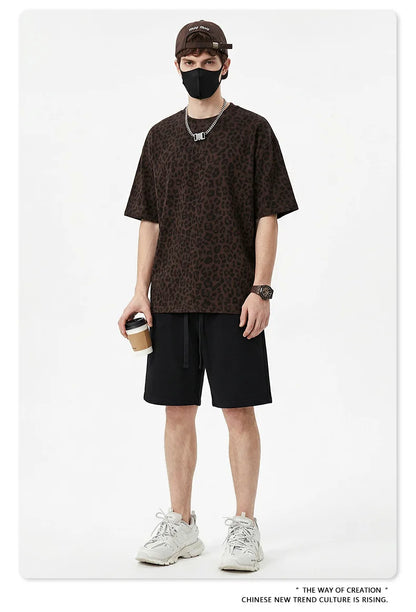 Custom LOGO men's new summer 240G cotton polyester American retro BOXY leopard print short-sleeved T-shirt casual loose top
