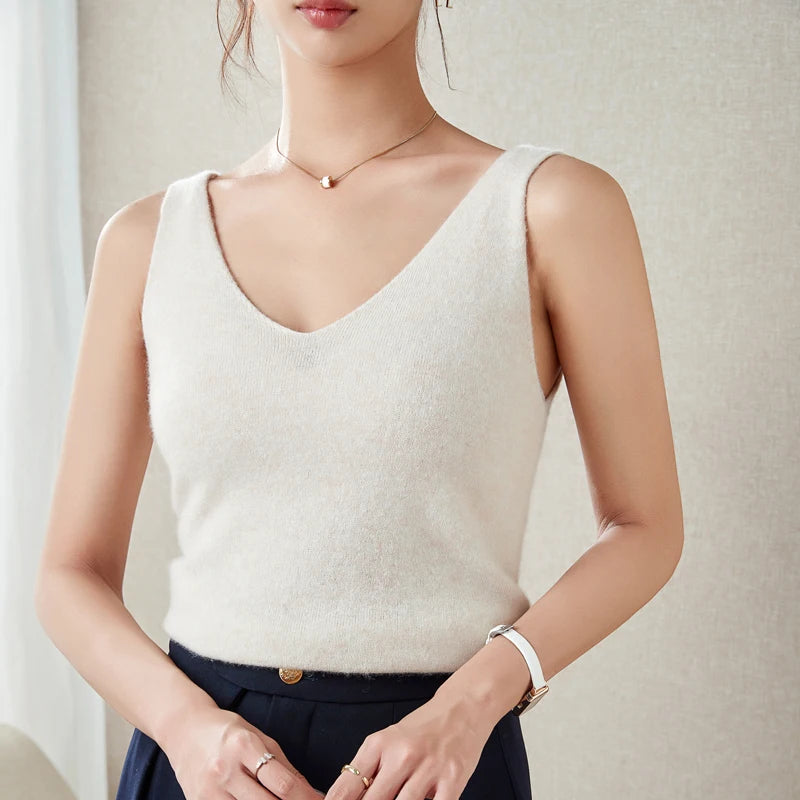 Women's Spring and Autumn 2026 New 100% Merino Wool V-Neck Pullover Knitted Suspender Casual Soft Inner Vest Women's Clothing
