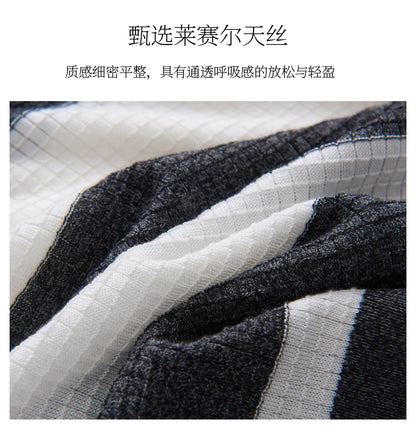 Men's 100% Lyocell POLO Collar Striped T-Shirt Knit Pullover Summer New Bussiness Casual Half-zip Short-sleeved Jumper Menswear