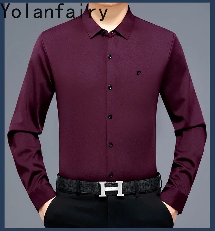YOLANFAIRY 100% Mulberry Silk Long Sleeve Shirt Man Spring Autumn Casual Silk Mens Shirts Warm Male White Shirt chemises hommes