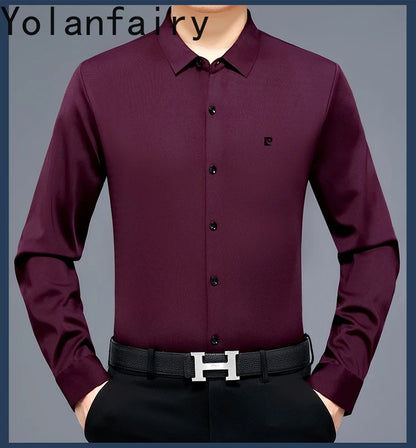 YOLANFAIRY 100% Mulberry Silk Long Sleeve Shirt Man Spring Autumn Casual Silk Mens Shirts Warm Male White Shirt chemises hommes