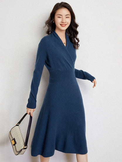 CHICUU Women 100% Cashmere Dresses V-neck Waist Cinching Dresses Autumn Winter Office Lady Grace Luxury Cashmere Knitwear