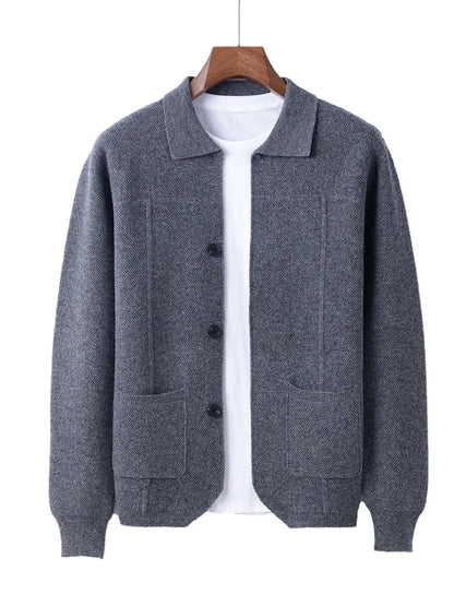 100% Merino Wool Men's Lapel Collar Knit Cardigan Autumn Winter Thicken Solid Color POLO Neck Suit Shirt Cashmere Jacket Sweater