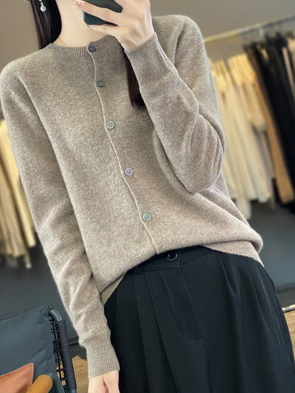 100% Merino Wool Sweater Women O-Neck Cardigan Basic Style  Buttoned Knitwear Female Casual Autumn Winter Soft Tops