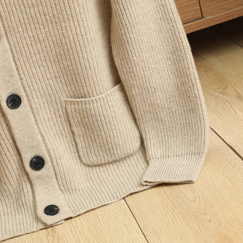 Men High Quality Polo Collar Cardigan Autumn Winter Thick Buttons 100% Merino Wool Sweater Smart Casual Coat Cashmere Knitwear