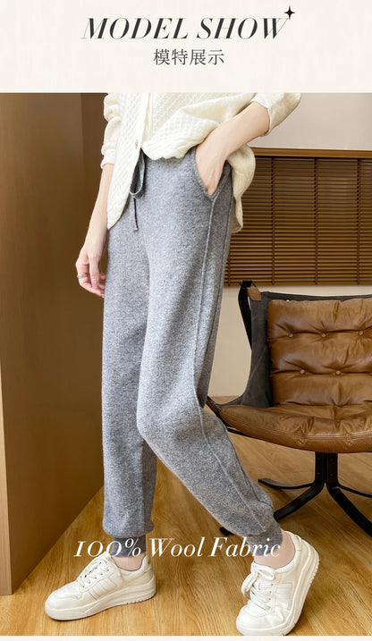DjzDsm Women's Wool Pencil Pants Autumn Winter 100% Merino Wool Knitted Trousers Thick Soft Warm Pocket Casual Style Comfy Pants