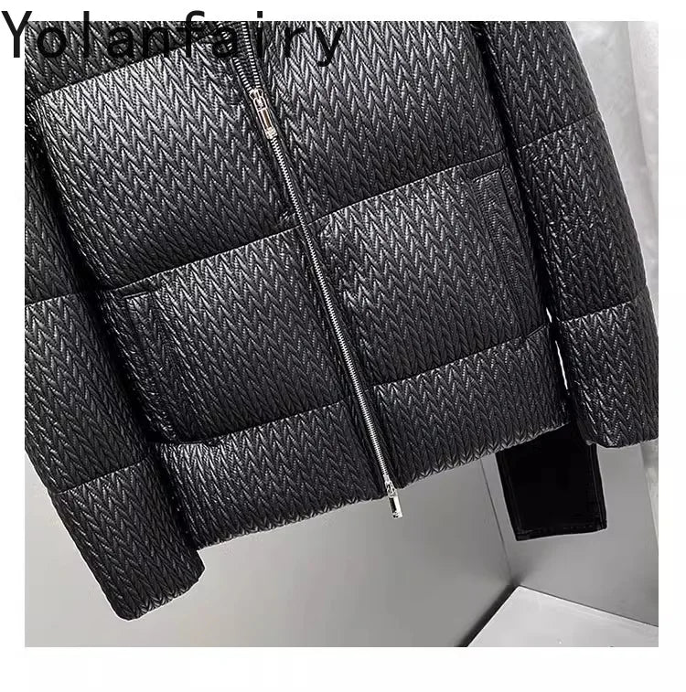 YOLANFAIRY Luxury Top Layer Sheepskin Leather Jackets for Man 2025 Winter Fashion White Goose Down Coat Warm Black Puffer Jacket