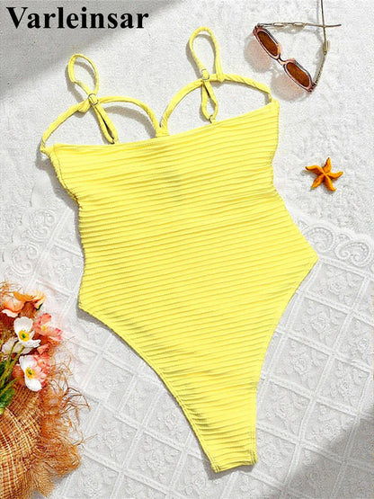 Sexy Ribbed Cut Out U Neck Women Swimwear One Piece Swimsuit Female Monokini High Cut Leg Padded Bather Bathing Suit Swim V7604